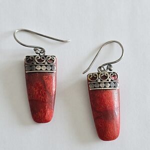 925 Sterling Silver Long Red Sponge Coral Sterling Dangle Drop Earrings
